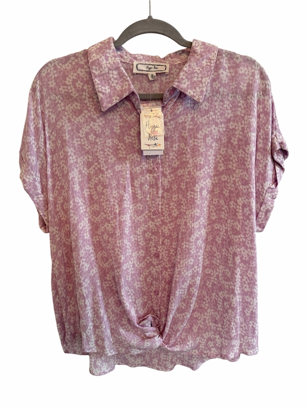 Hippie Rose Lavender Floral Knot-Hem Collared Blouse - Picture 1 of 4